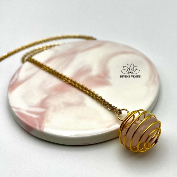 Rose Quartz Necklace | Gold Plated Stainless Steel Chain | Spiral Wired - Picture 4 of 11